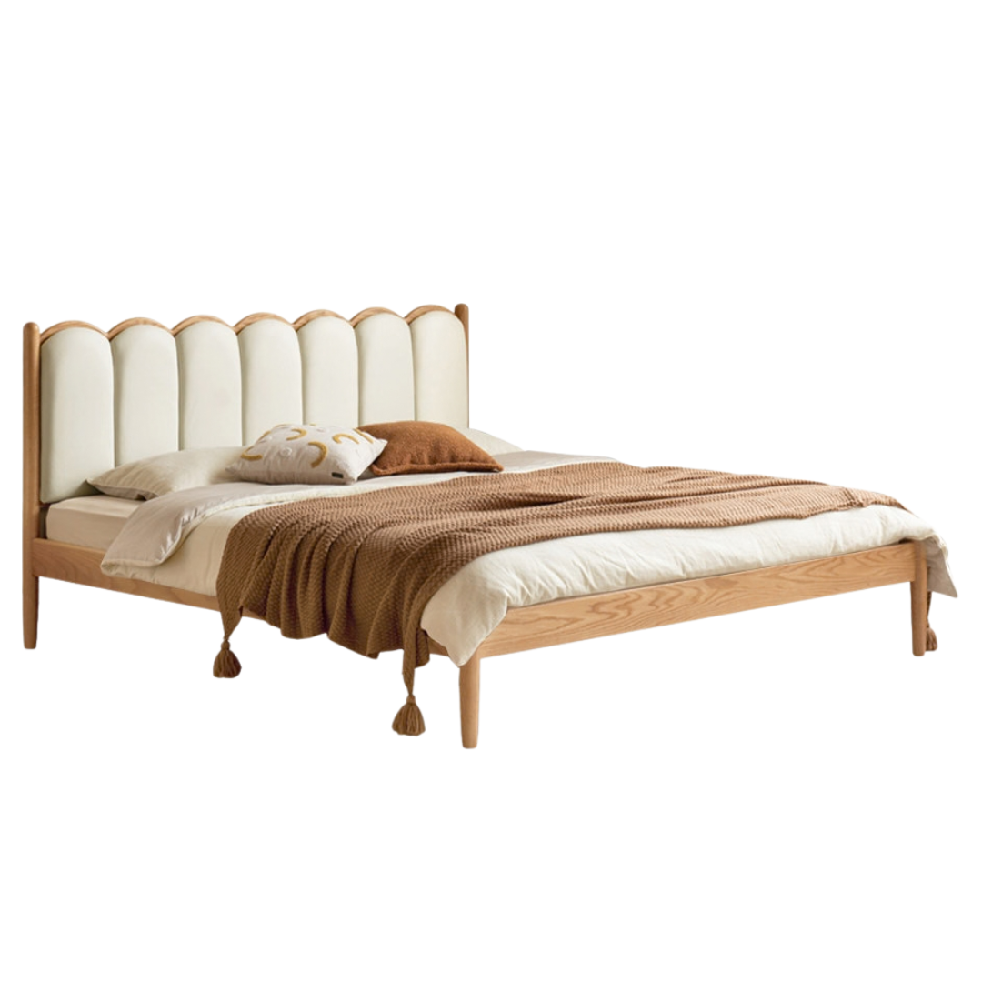 Oak,Rubberwood Solid Wood Bed with Boucle Vertical Channel Wavy Headboard