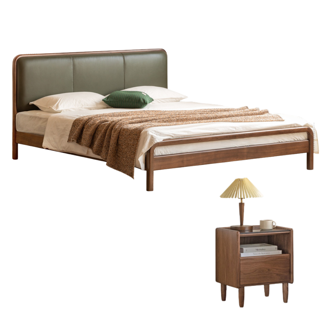 Black Walnut, Beech Solid Wood Retro Upholstered Large Bed