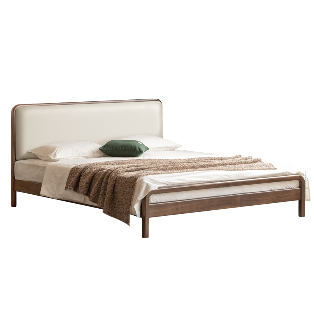Black Walnut, Beech Solid Wood Retro Upholstered Large Bed