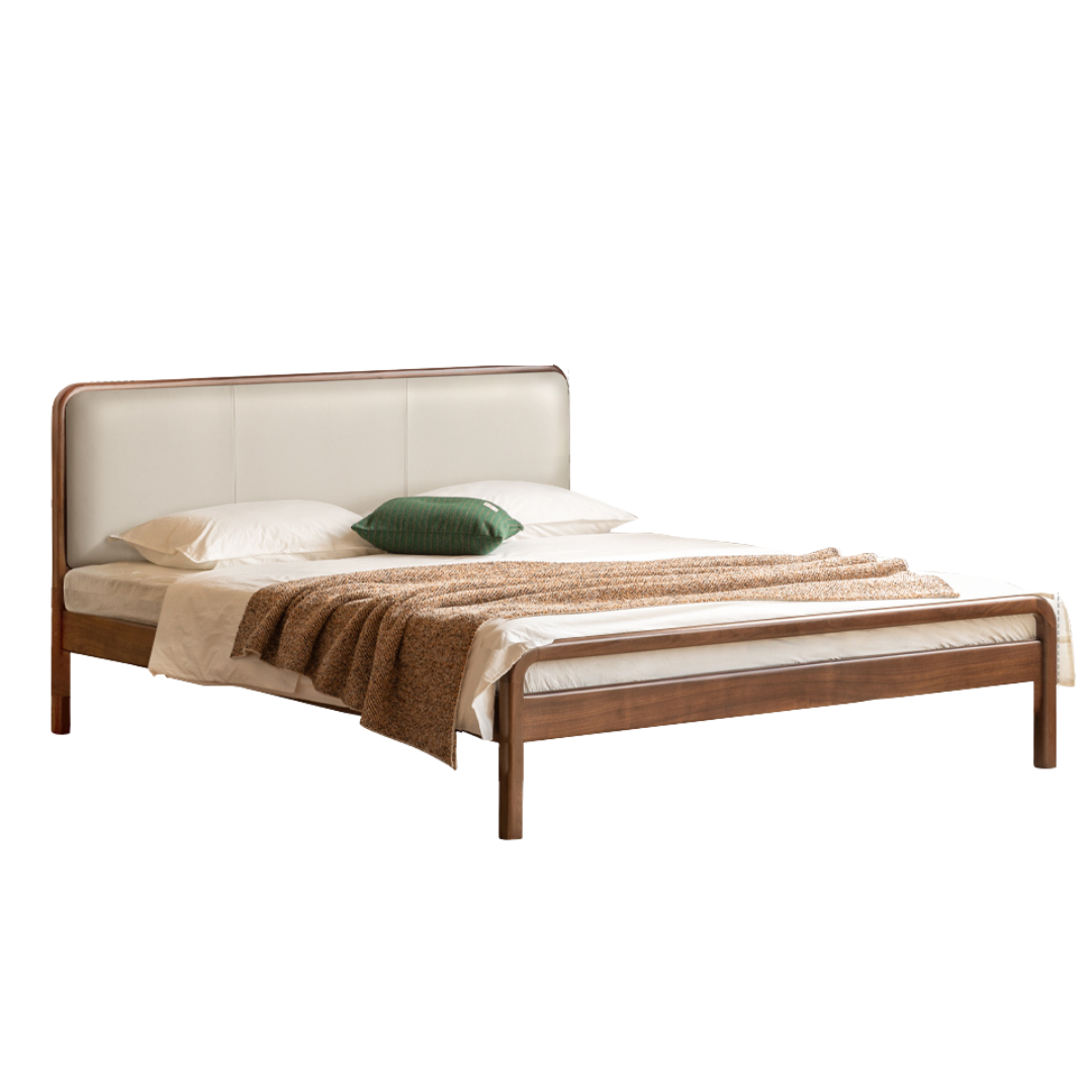 Black Walnut, Beech Solid Wood Retro Upholstered Large Bed