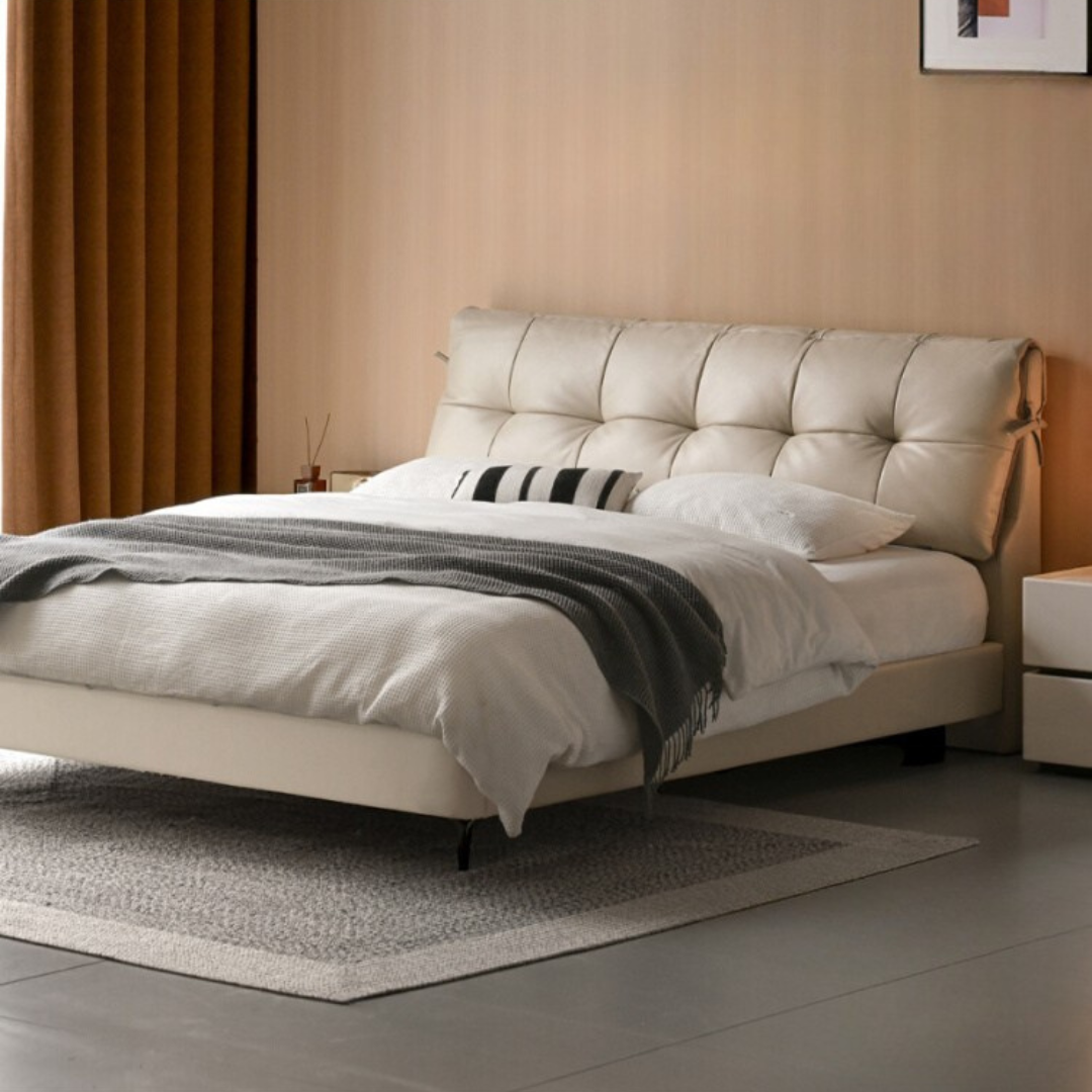 Genuine Leather Italian Light Luxury White Soft Headboard Bed