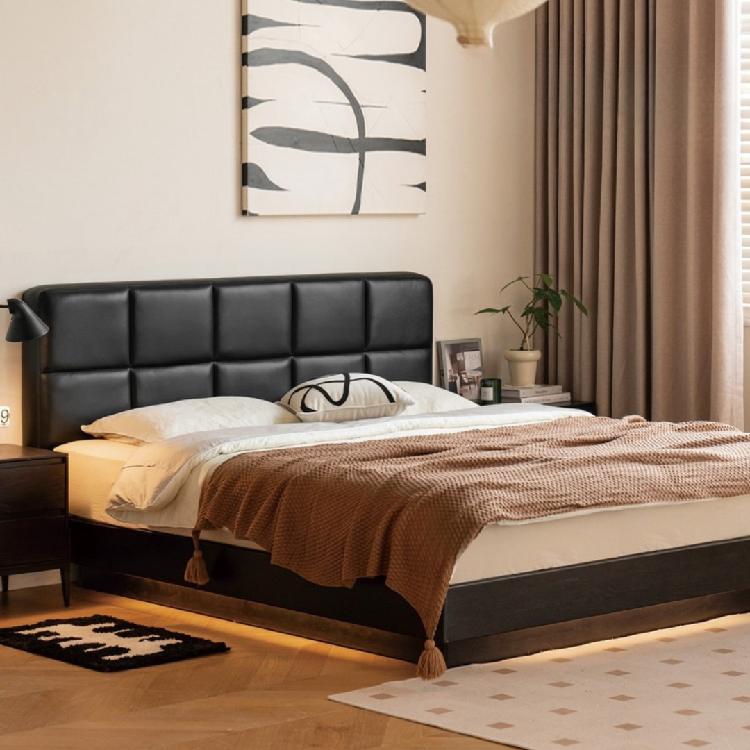 Oak Solid Wood Genuine Leather Upholstered Box Bed Retro Black Floating Bed