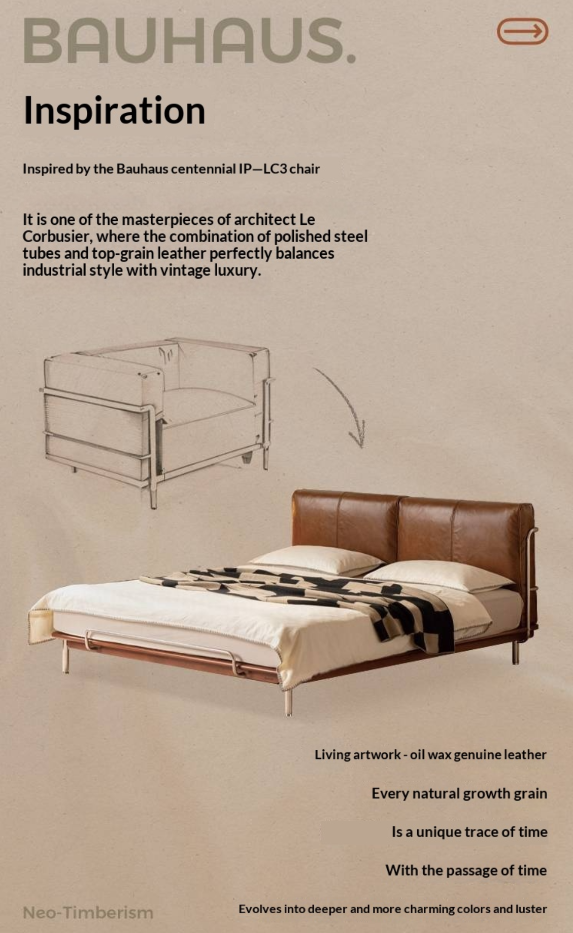 Genuine Leather Bauhaus Style Double Bed with Top Grain Cowhide Soft Backrest