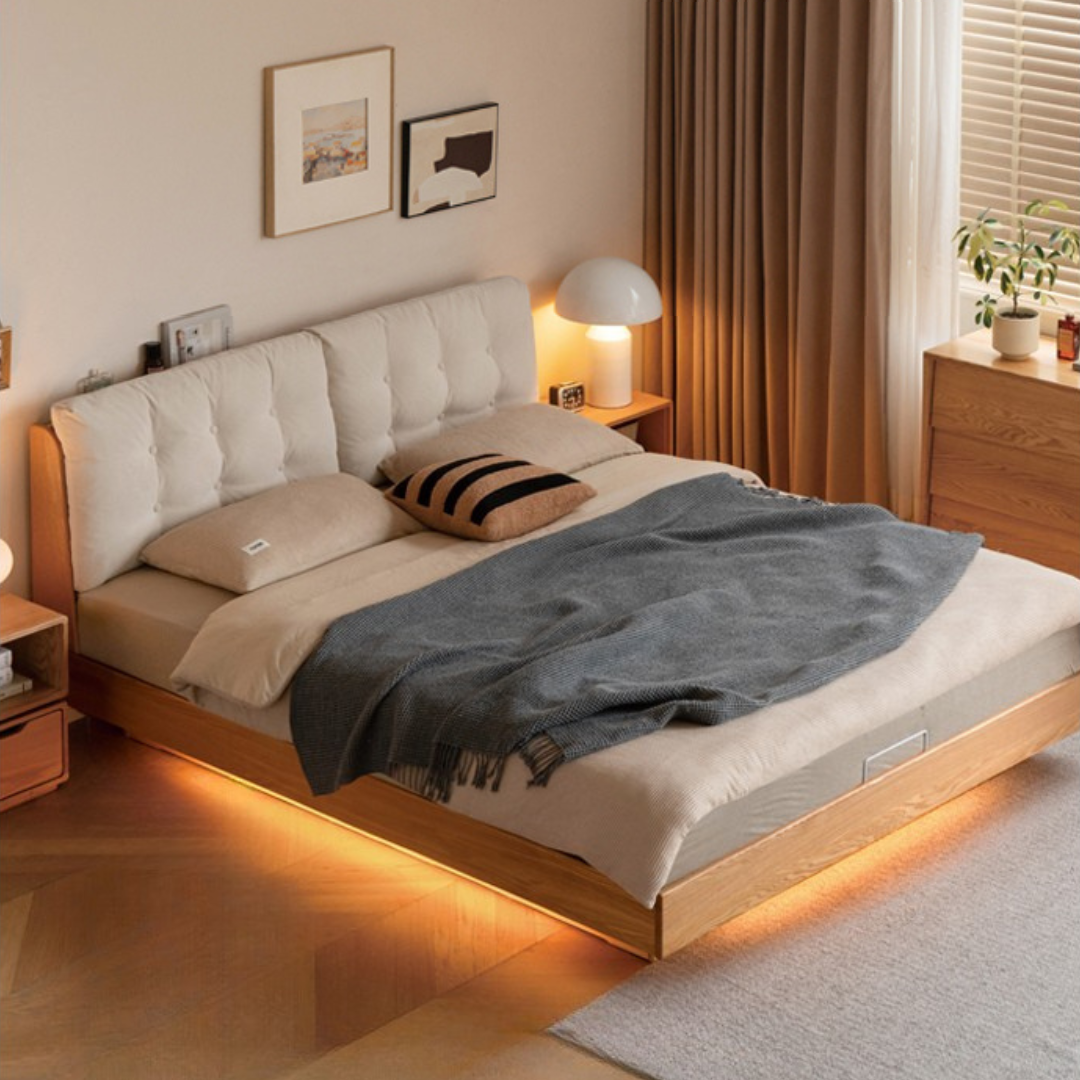 Oak Solid Wood with Upholstered Headboard Luminous Box Bed Cream Style