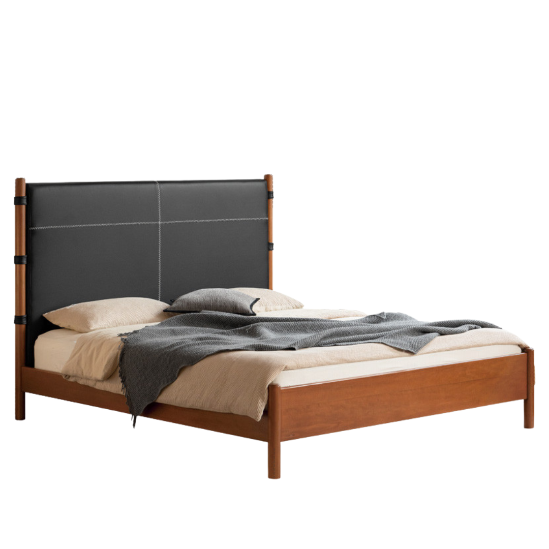 Poplar Solid Wood Bed with Vintage High Backrest and Soft Upholstery