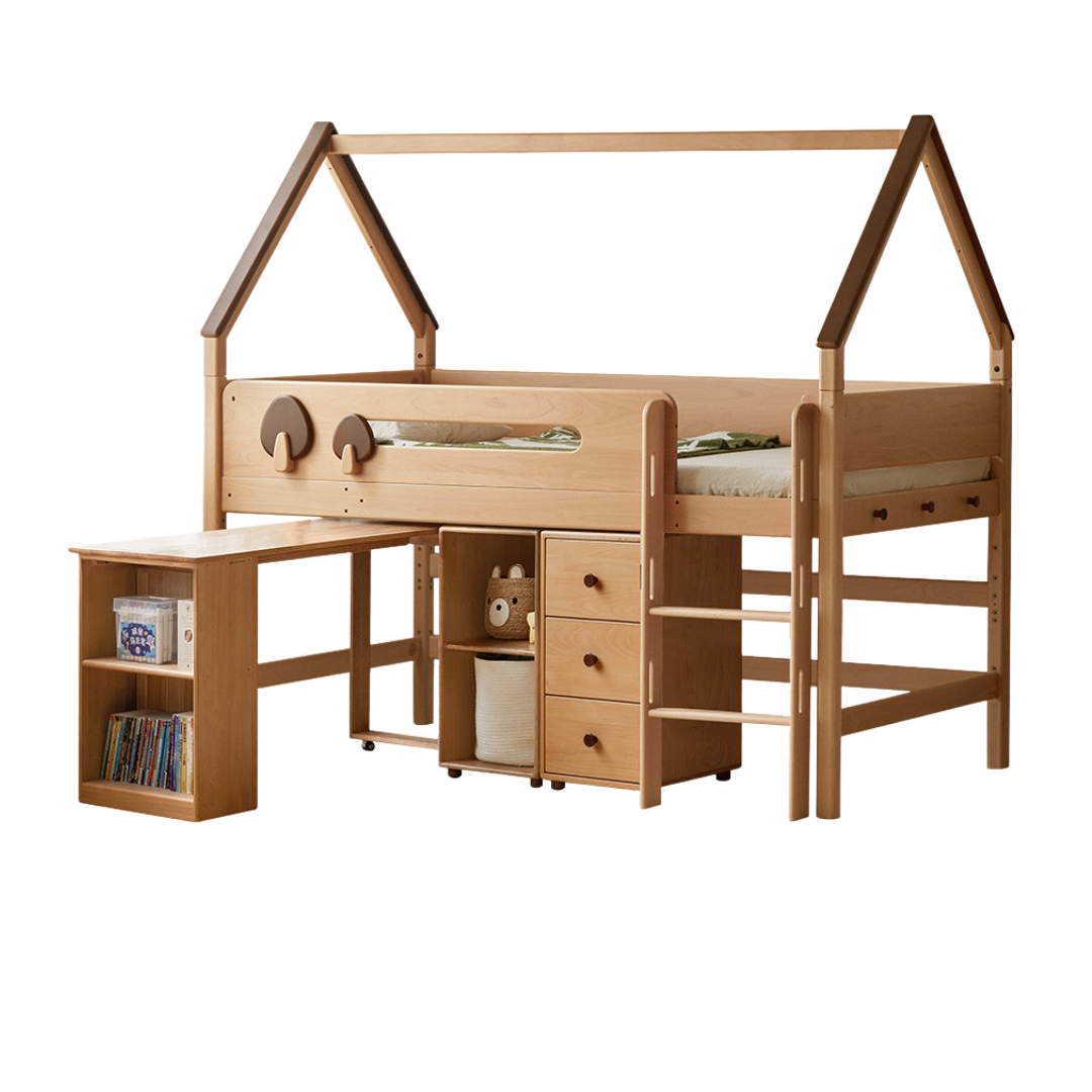 Beech Solid Wood Children's Loft Bed with Table Under Bed