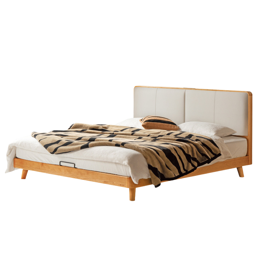 Cherry Solid Wood Bed with Top Layer Cowhide Soft Headboard Retro Style