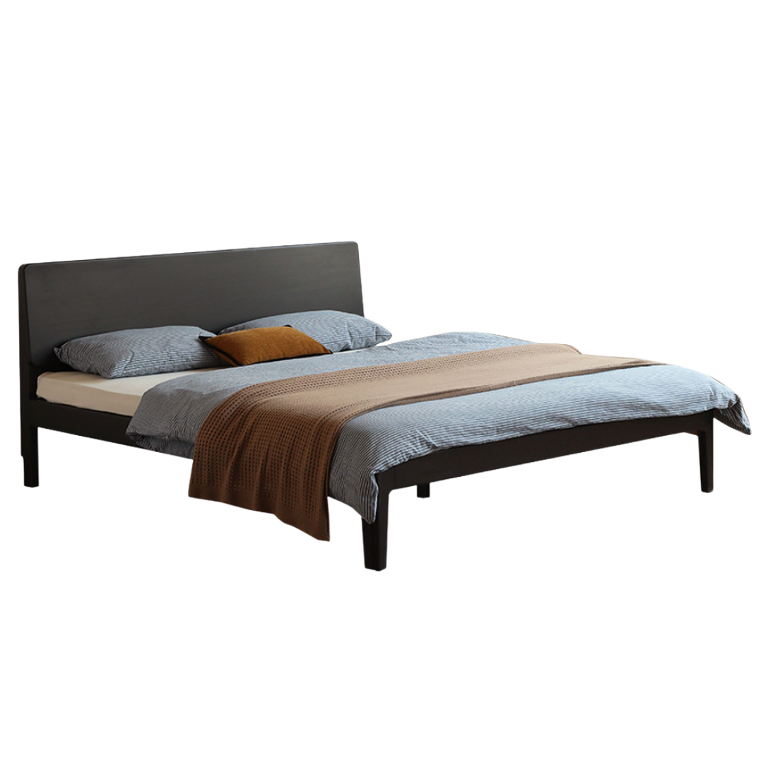 Rubberwood, Poplar Solid Wood Bed in Black — Modern Casual Edge Design