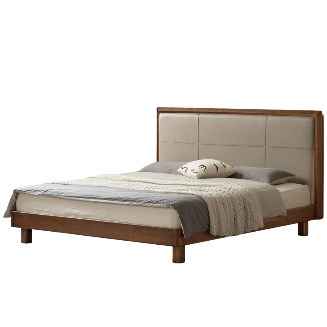 Black Walnut, Oak Solid Wood Italian Light Luxury Genuine Leather Soft Headboard Luminous Bed