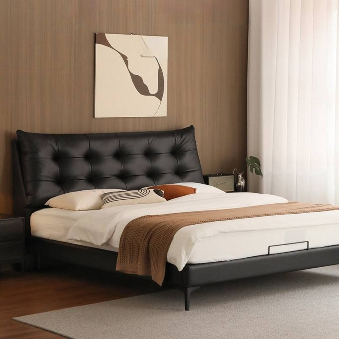 Genuine Leather Upholstered Double Bed in Solid Wood Frame
