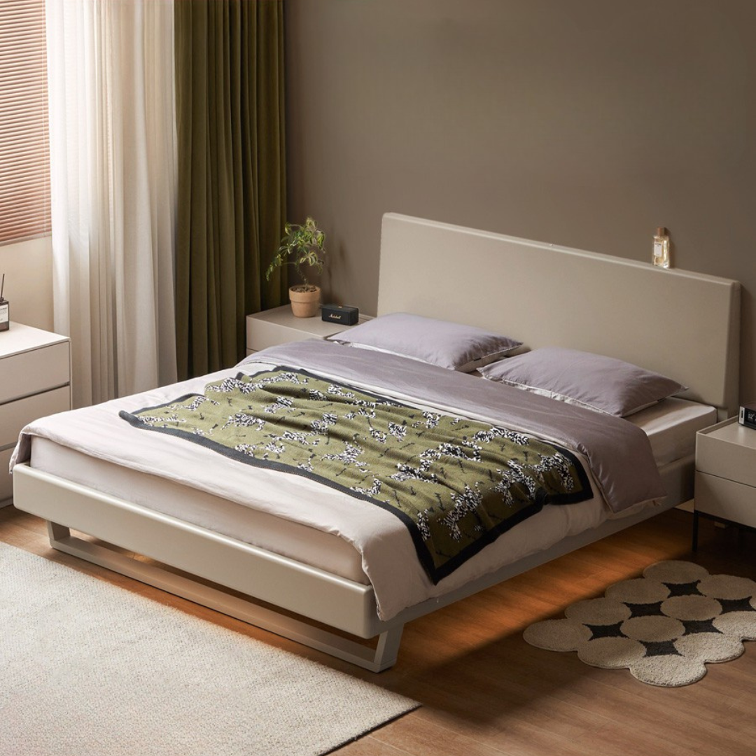 Poplar Solid Wood Floating Bed with Lights, Modern Minimalist