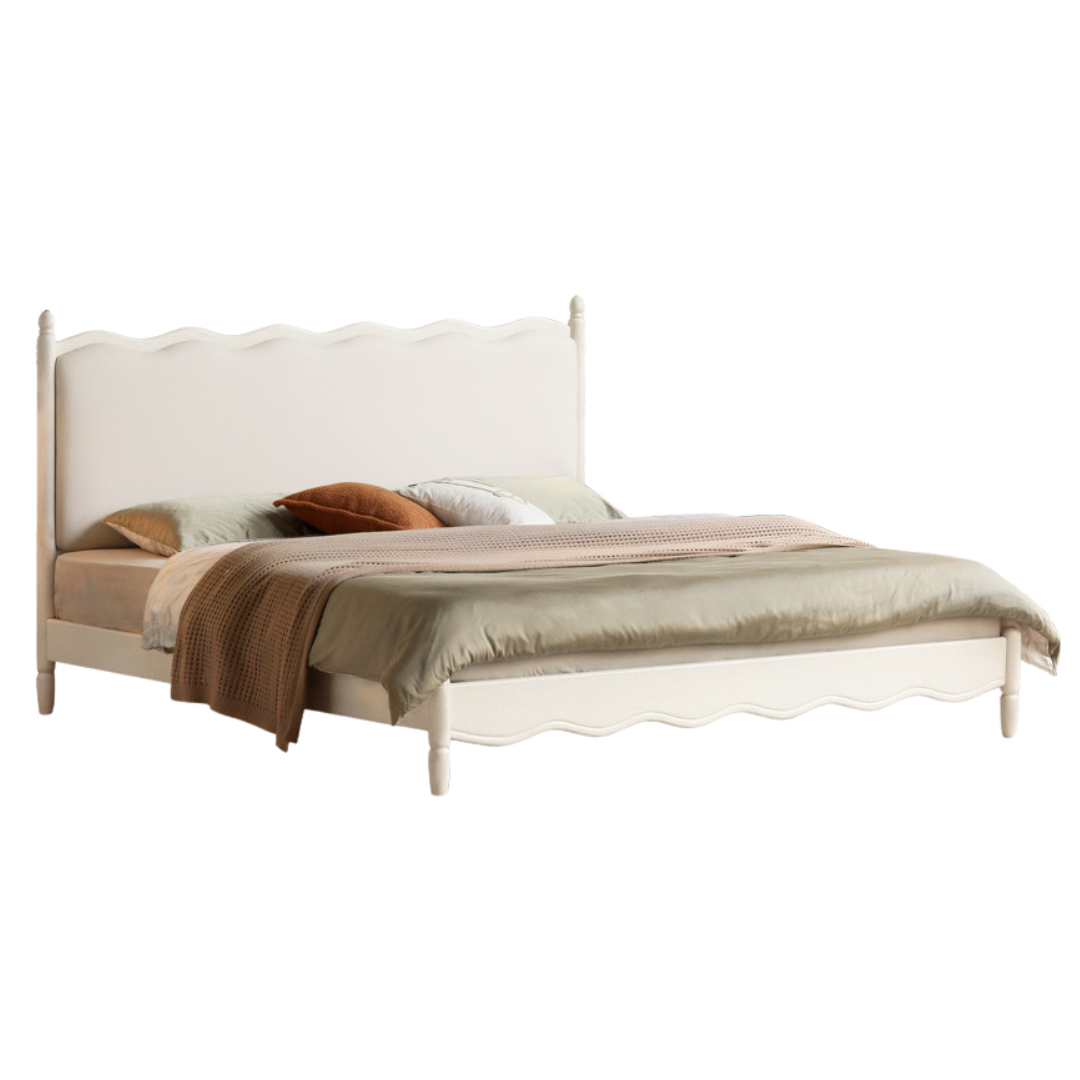 Rubberwood Solid Wood Upholstered Bed Retro Style White Bed