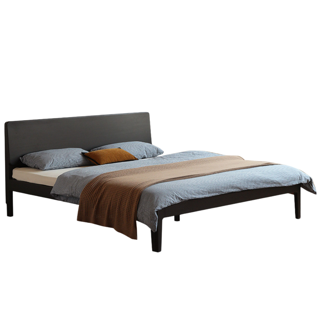 Rubberwood, Poplar Solid Wood Bed in Black — Modern Casual Edge Design