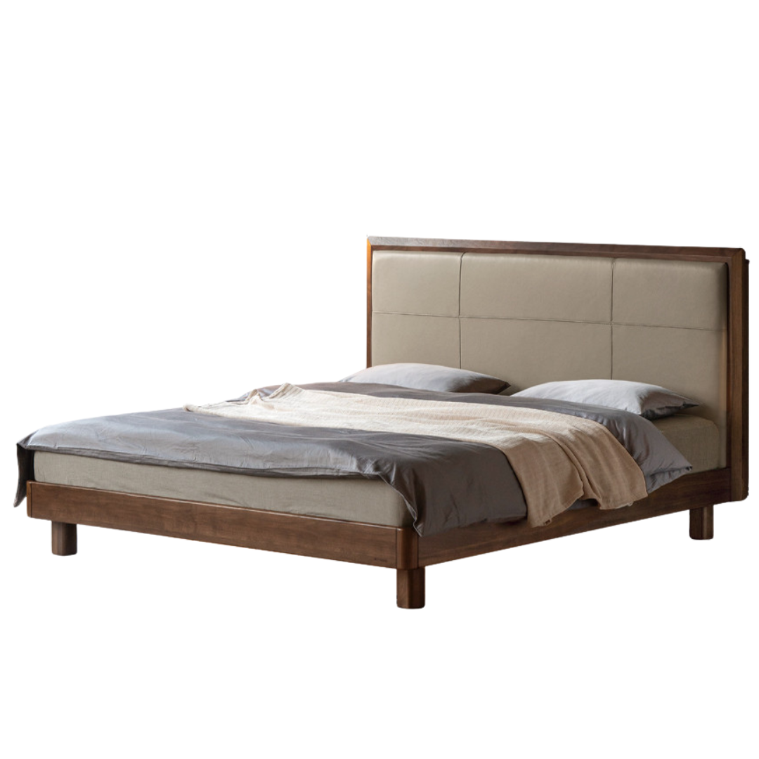 Black Walnut, Oak Solid Wood Italian Light Luxury Genuine Leather Soft Headboard Luminous Bed