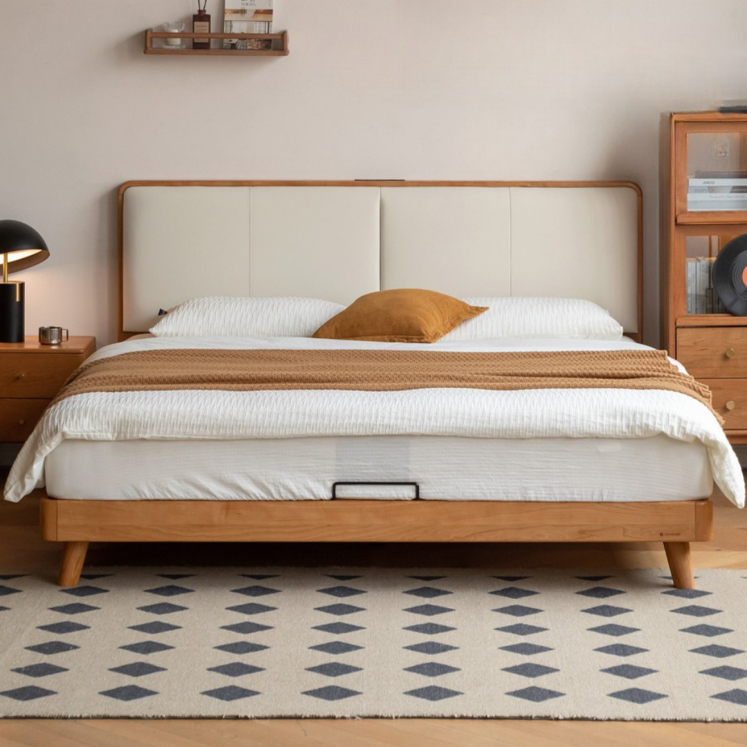 Cherry Solid Wood Bed with Top Layer Cowhide Soft Headboard Retro Style