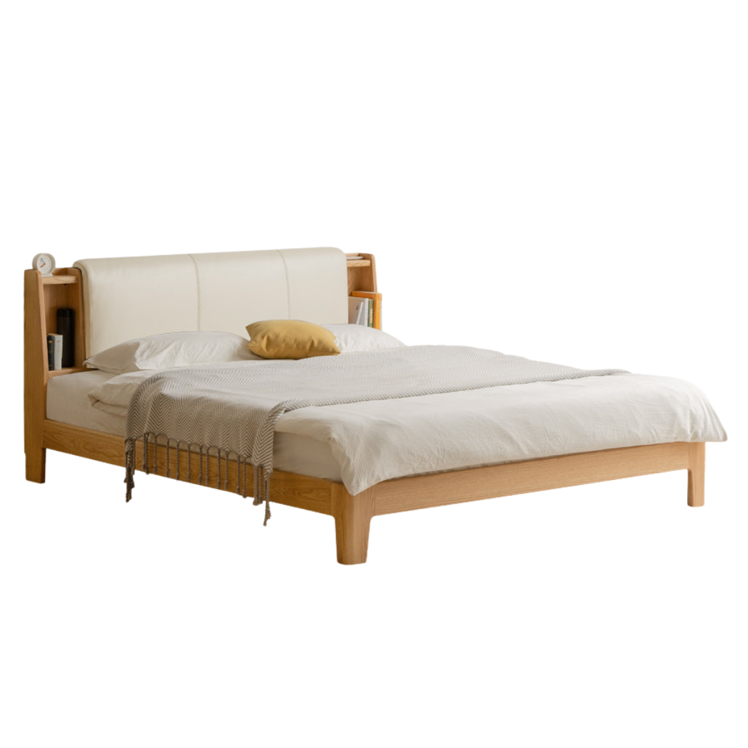 Oak Solid Wood Bed with Genuine Leather and Light Upholstery