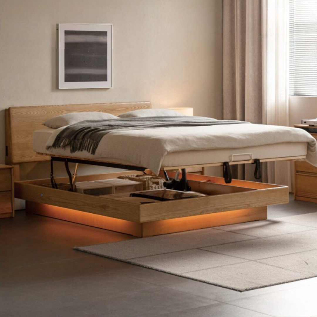 Ash Solid Wood Electric Storage Box Bed — Modern Minimalist Design