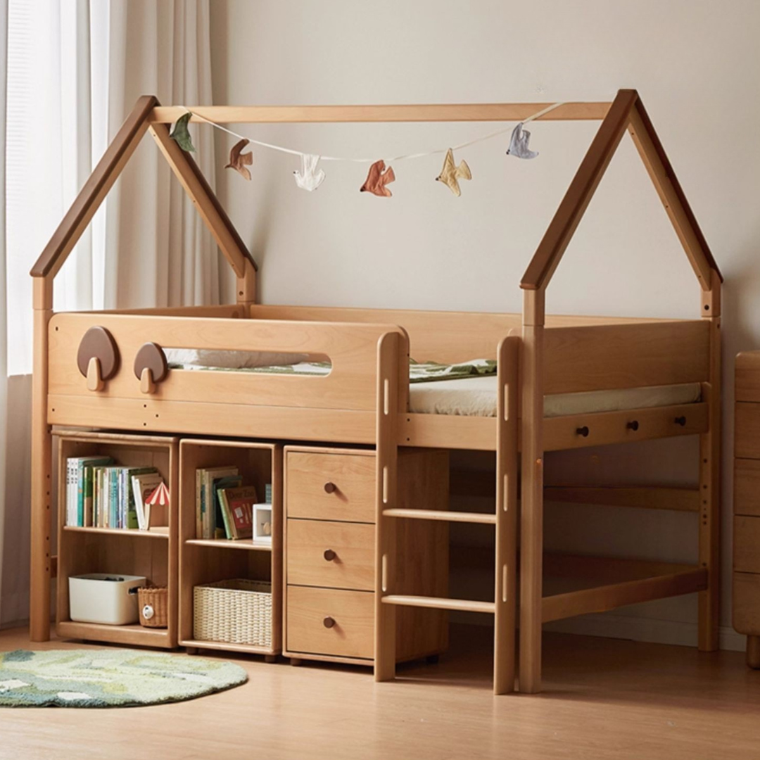 Beech Solid Wood Children's Loft Bed with Table Under Bed
