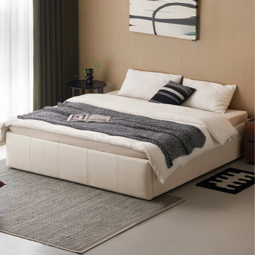 Genuine Leather Luxury Platform Box Bed, Headboard-Free Bed