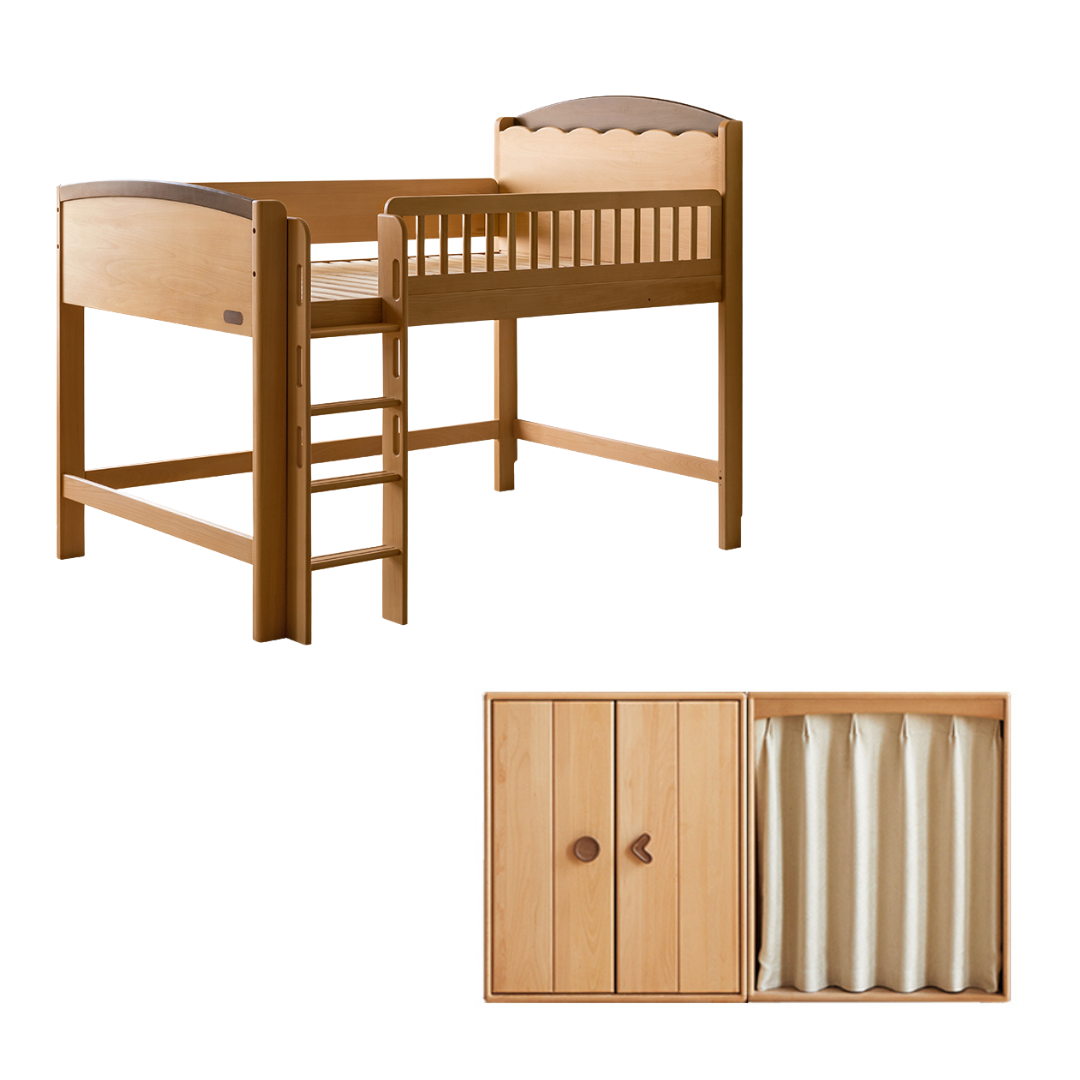 Beech Solid Wood Children's Soft Backrest Storage Loft Bed with Night Light