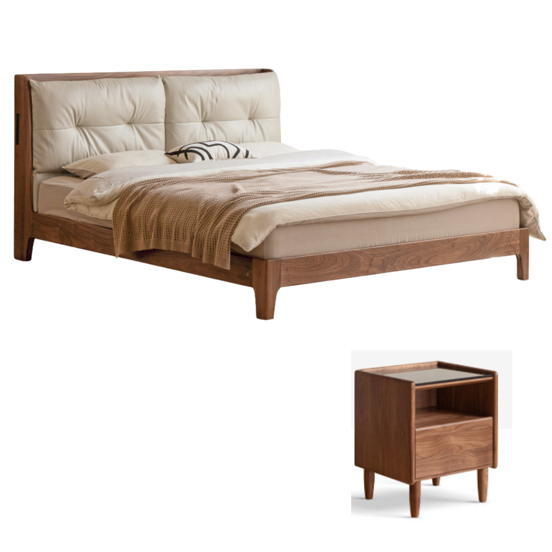 Black Walnut, Sandalwood Solid Wood Bed — Genuine Leather Upholstered, Simple Luxury Design