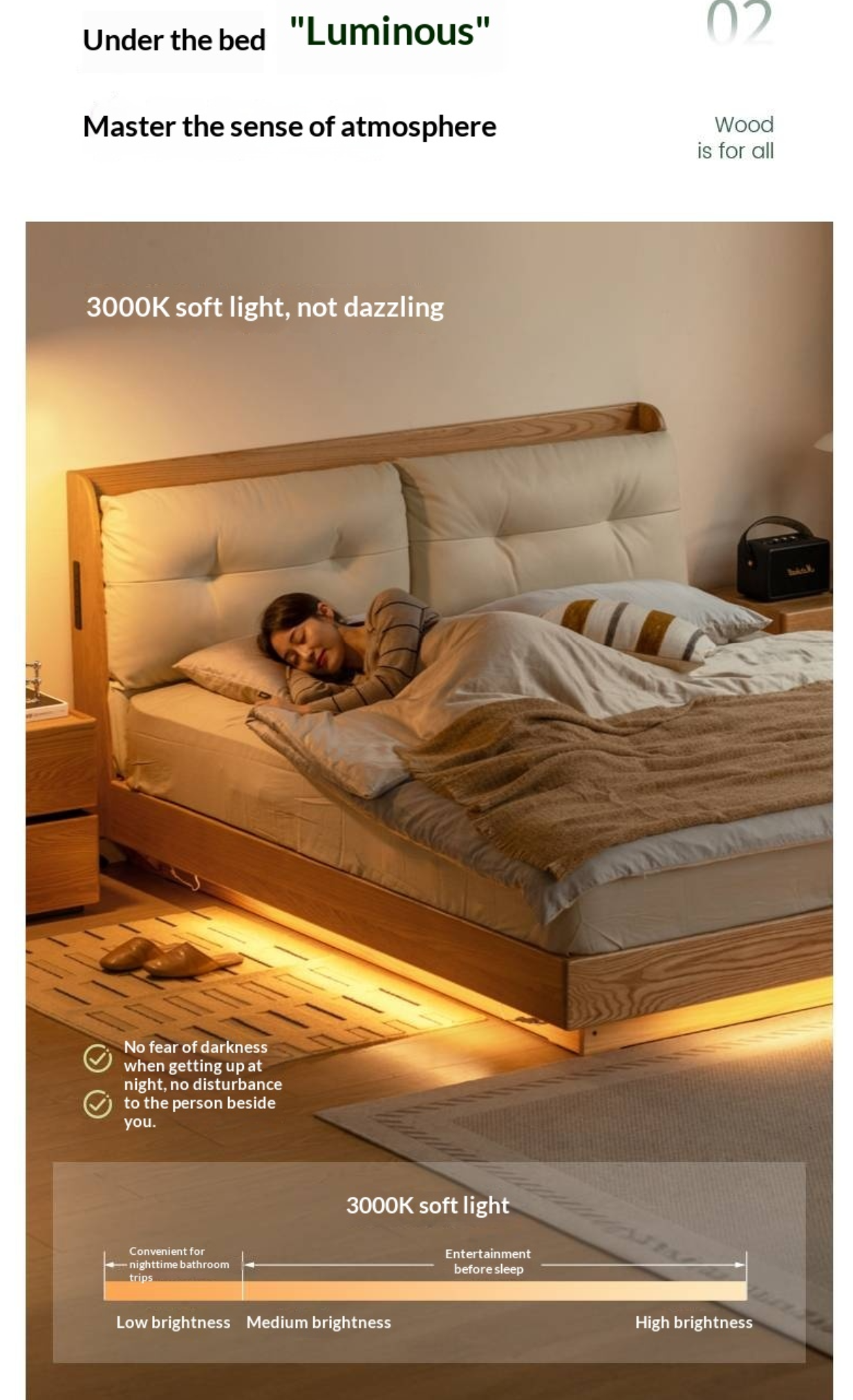 Oak Solid Wood Modern Leather Storage Bed, LED Lighting and USB Charging