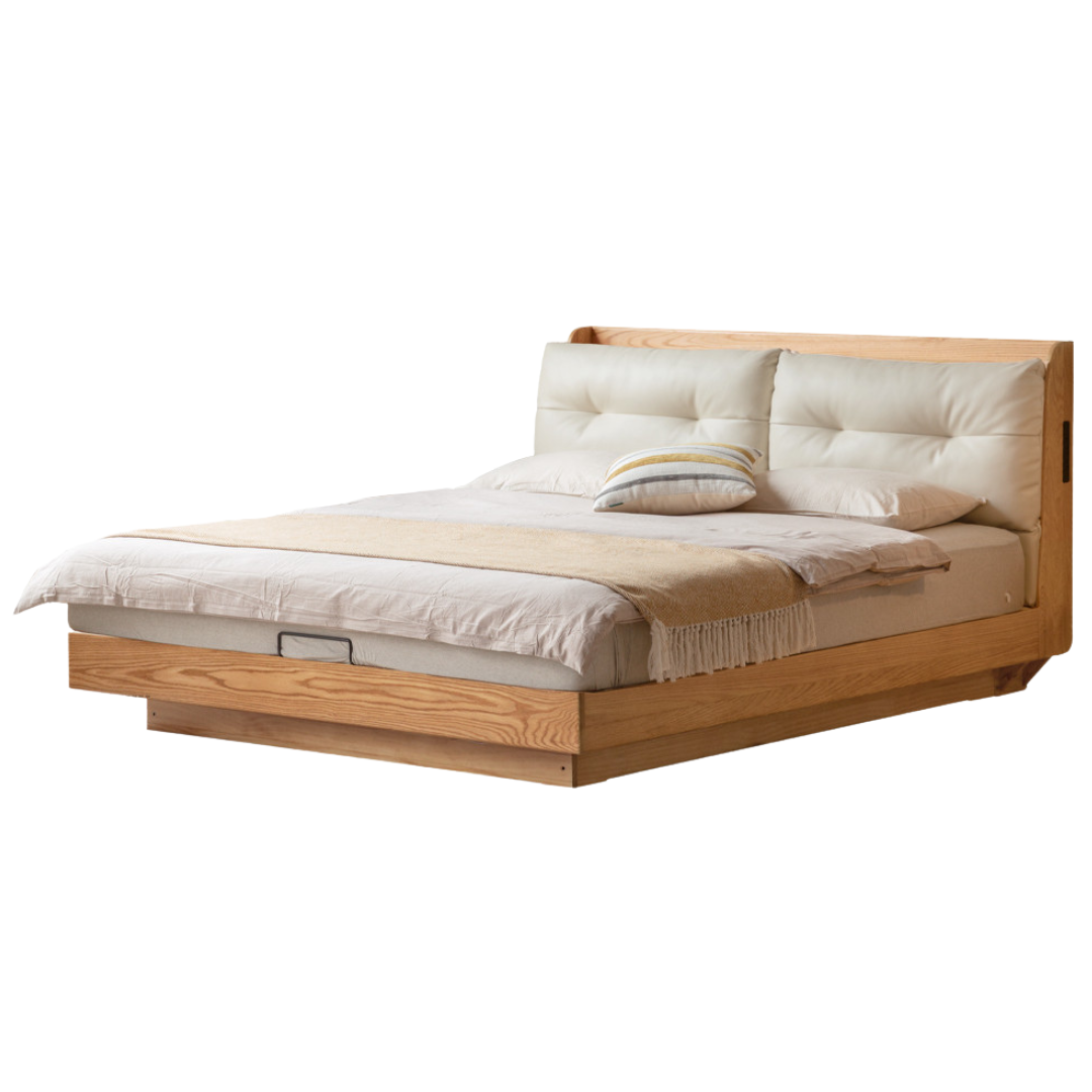 Oak Solid Wood Modern Leather Storage Bed, LED Lighting and USB Charging
