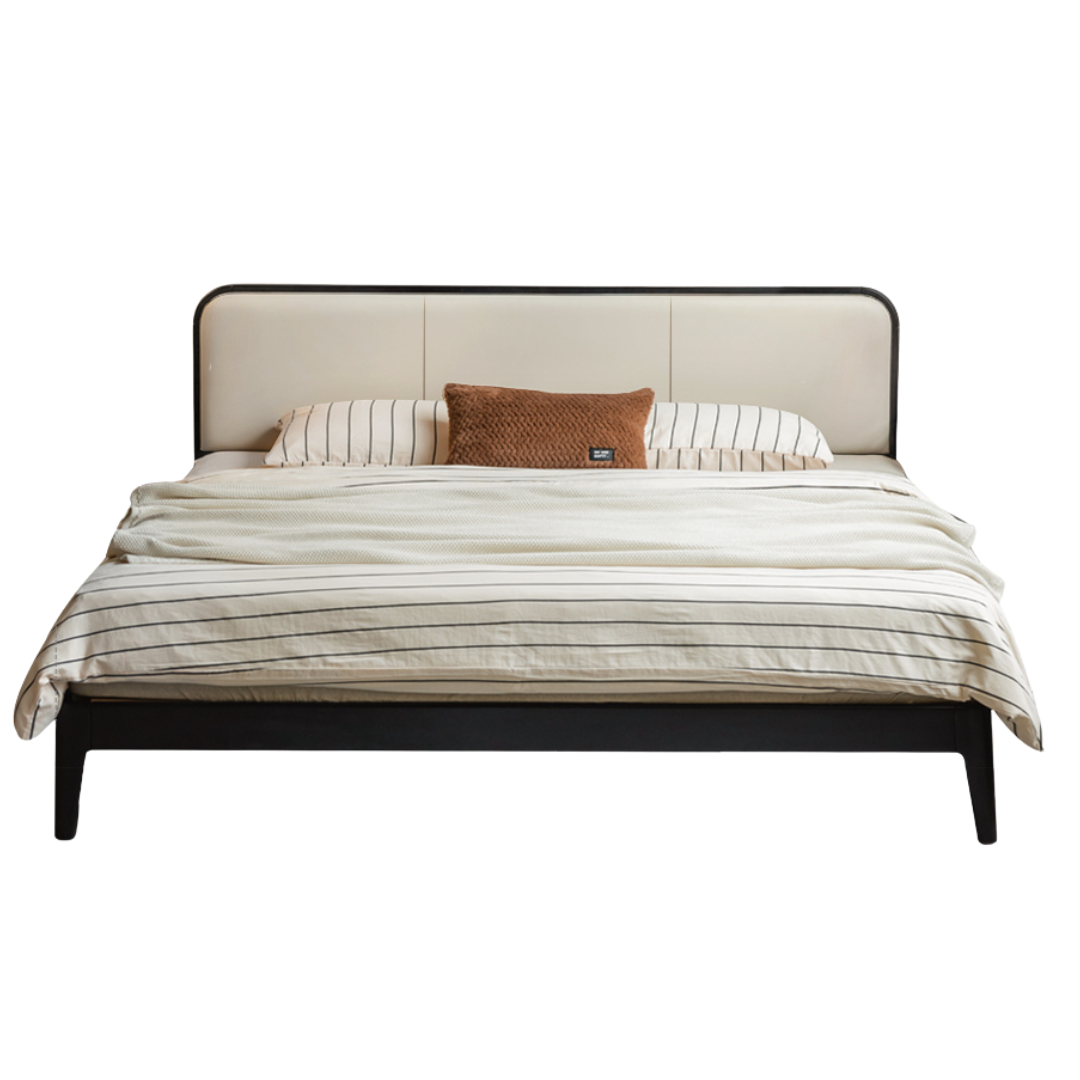 Rubberwood Solid Wood Bed — Modern Minimalist Black Design with Soft Headboard