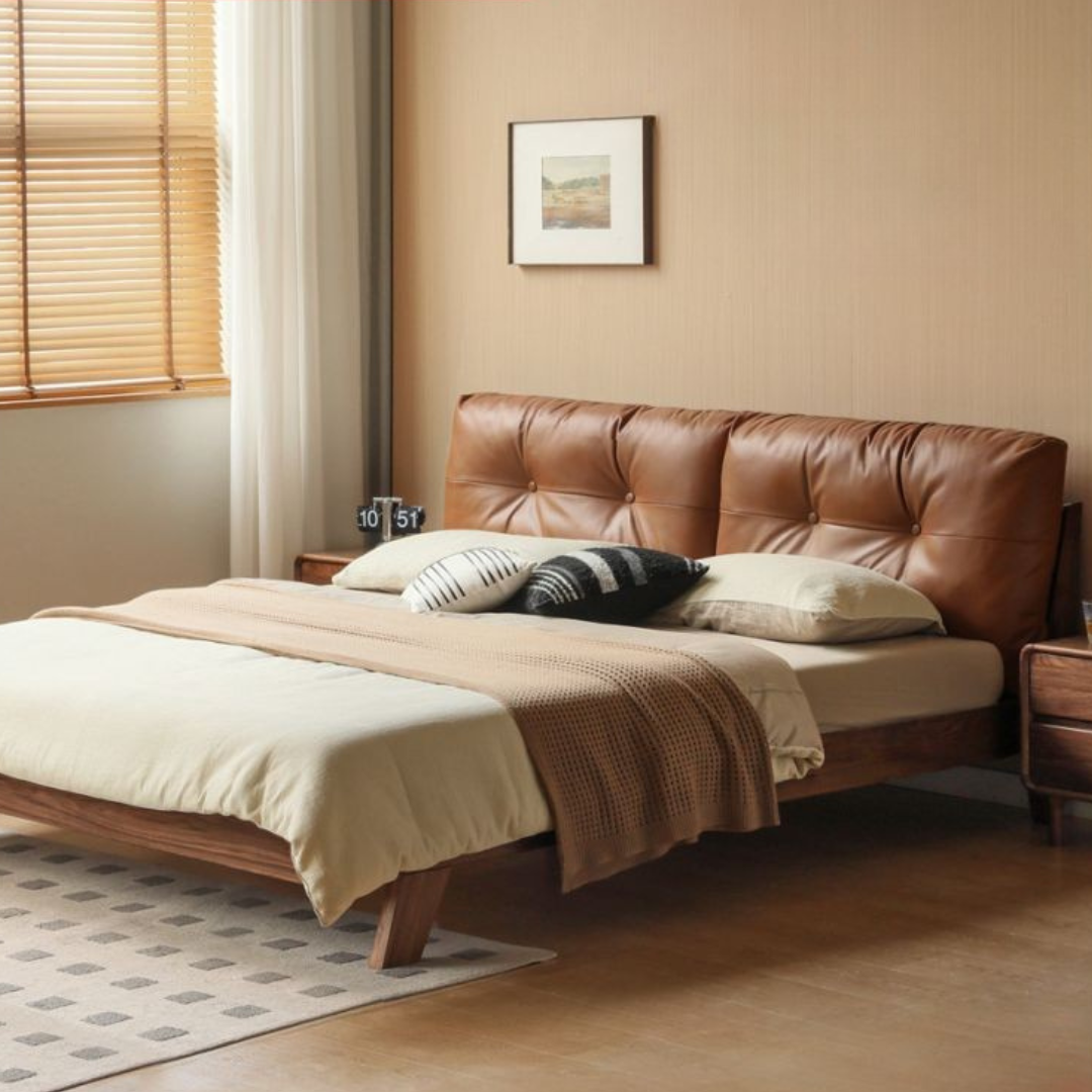 Black Walnut Solid Wood Bed with Top Genuine Leather Upholstery and Nordic High Headboard
