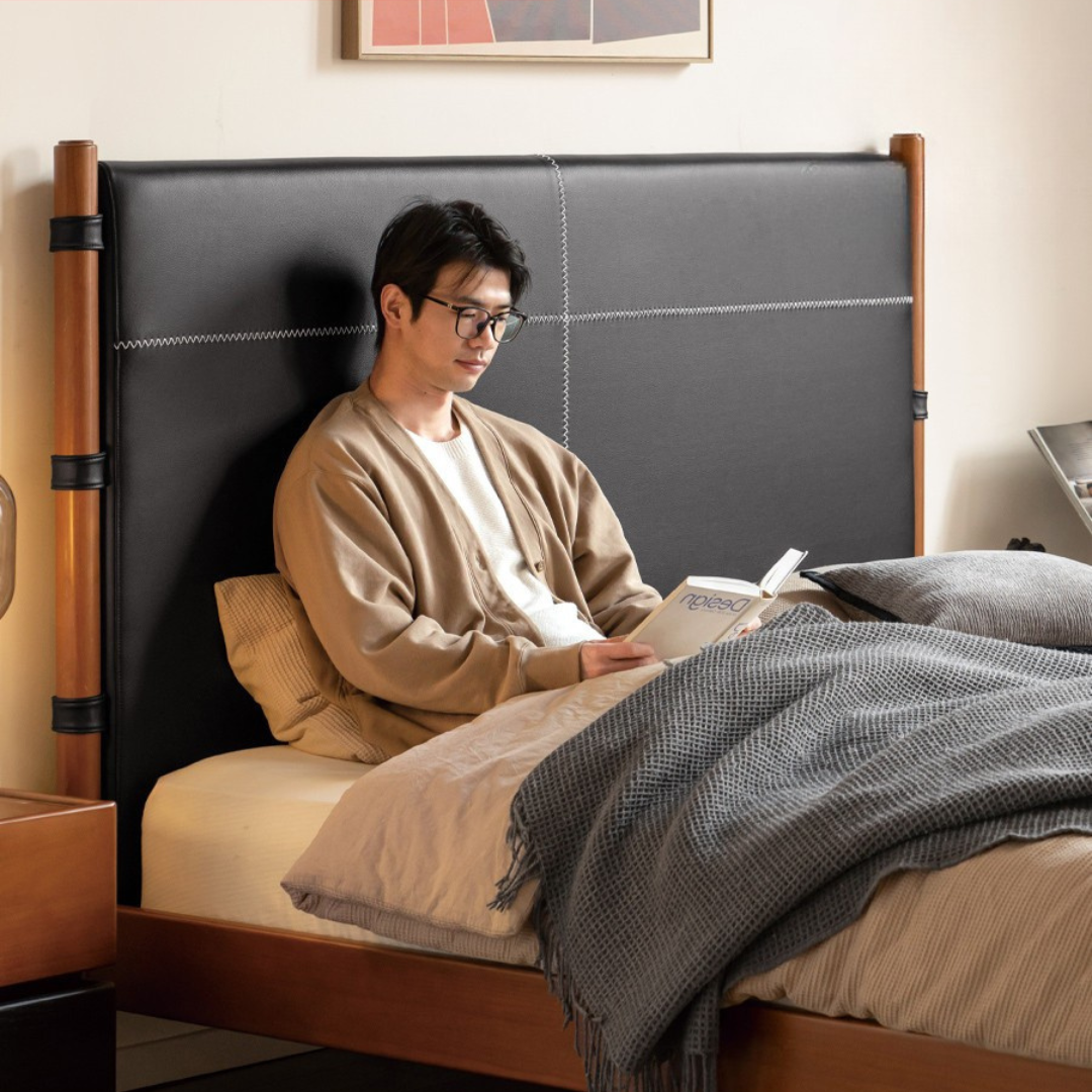 Poplar Solid Wood Bed with Vintage High Backrest and Soft Upholstery