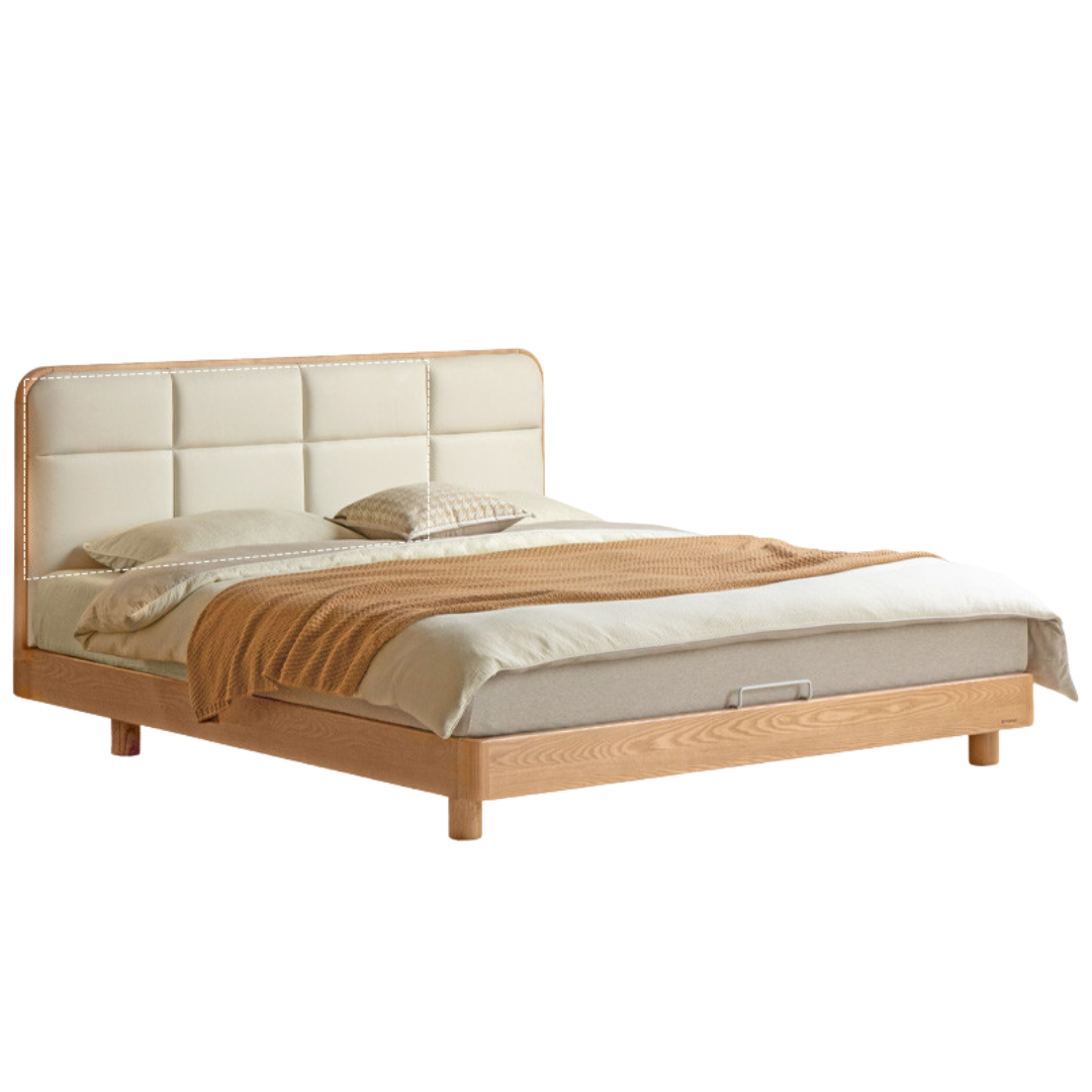 Ash Solid Wood Bed with Top Grain Cowhide Upholstery in Modern Minimalist Style