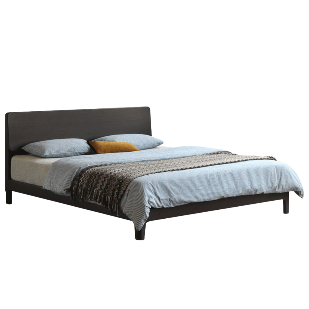 Rubberwood, Poplar Solid Wood Bed in Black — Modern Casual Edge Design