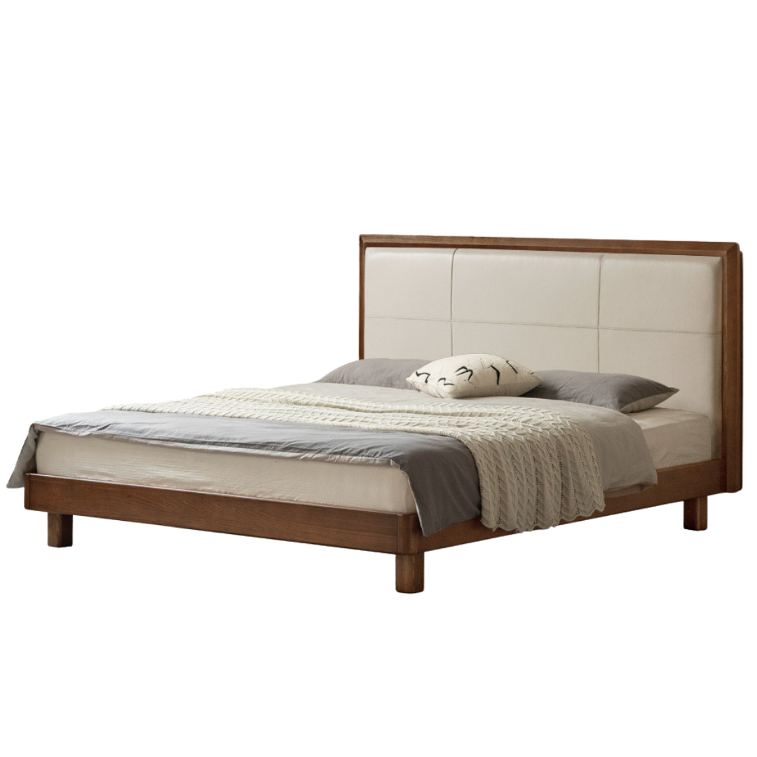 Black Walnut, Oak Solid Wood Italian Light Luxury Genuine Leather Soft Headboard Luminous Bed