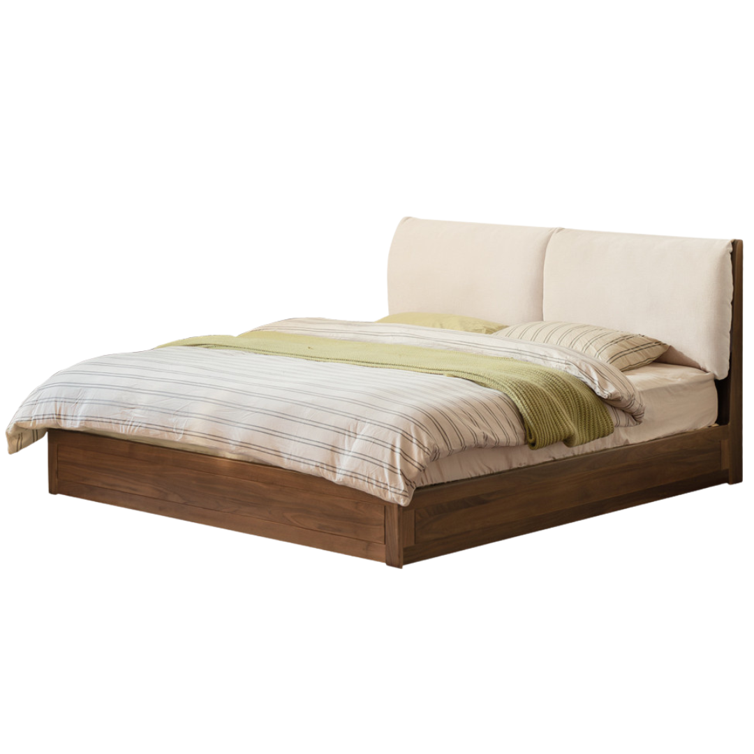 Black Walnut Solid Wood Box Bed — Luxury Genuine Leather Bed with Soft Backrest