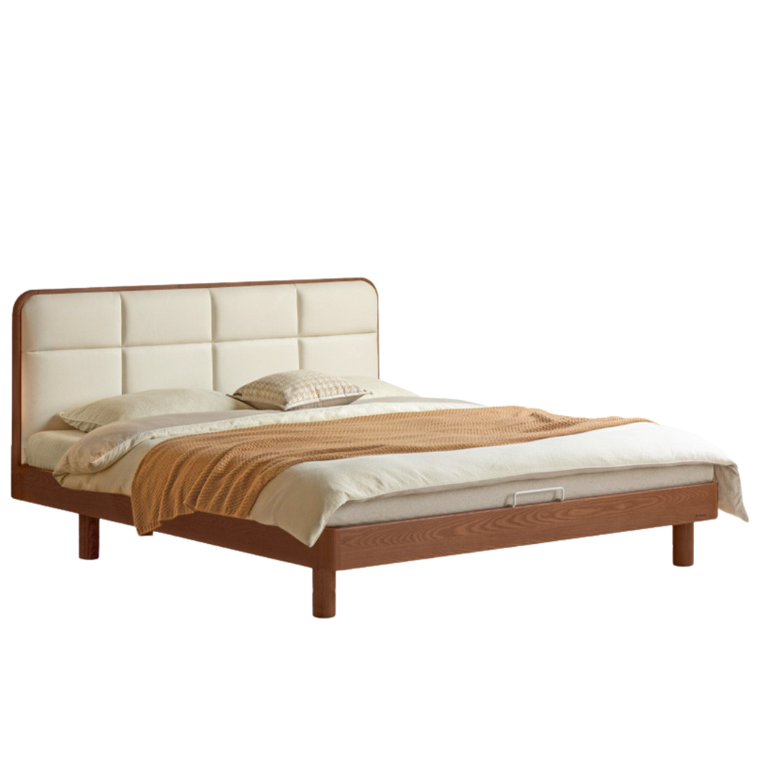 Ash Solid Wood Bed with Top Grain Cowhide Upholstery in Modern Minimalist Style