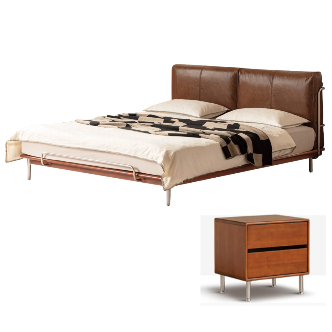 Genuine Leather Bauhaus Style Double Bed with Top Grain Cowhide Soft Backrest