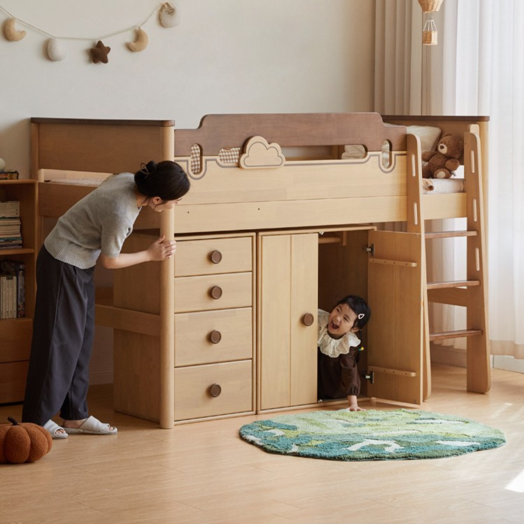Rubberwood Solid Wood Children's Loft Bed with Under-Bed Cabinets