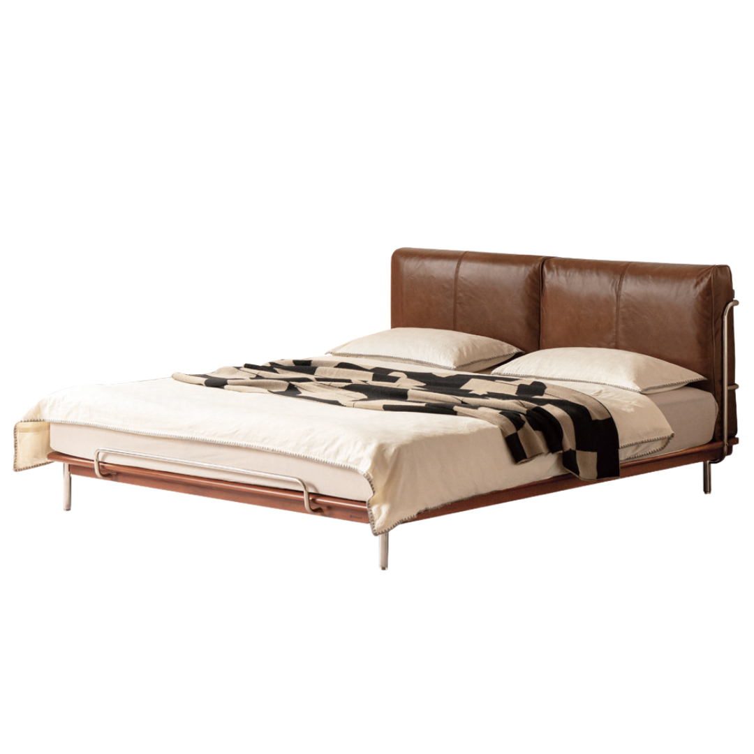 Genuine Leather Bauhaus Style Double Bed with Top Grain Cowhide Soft Backrest