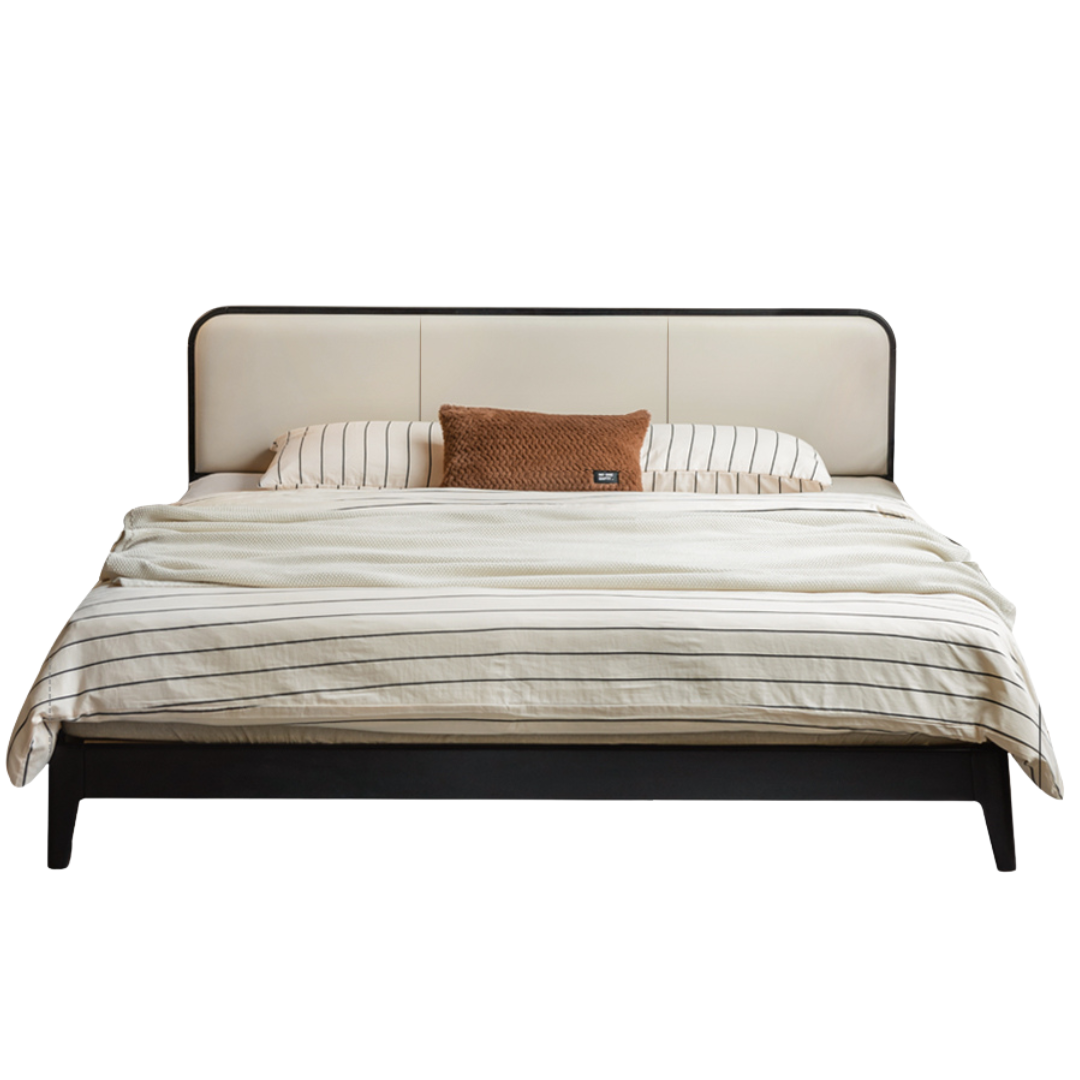 Rubberwood Solid Wood Bed — Modern Minimalist Black Design with Soft Headboard