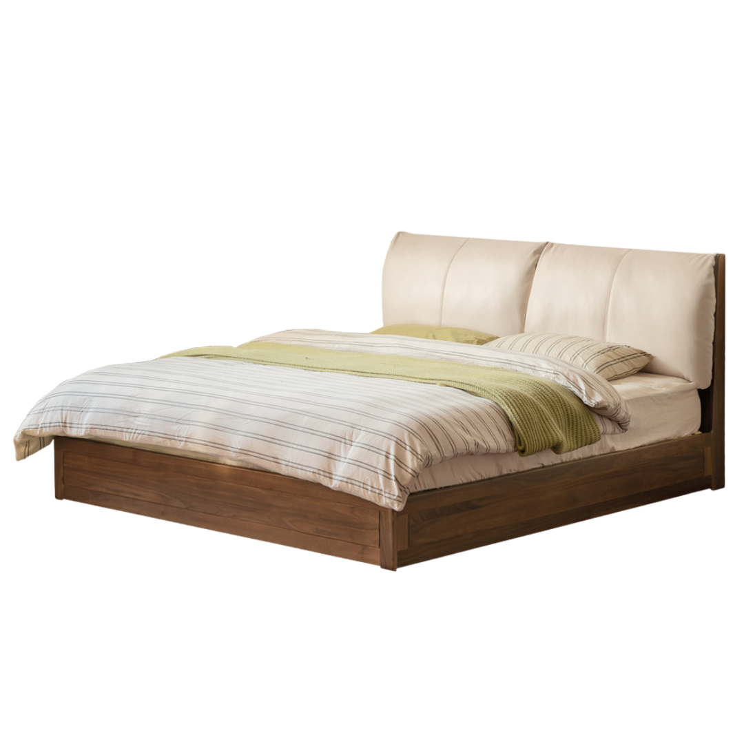Black Walnut Solid Wood Box Bed — Luxury Genuine Leather Bed with Soft Backrest
