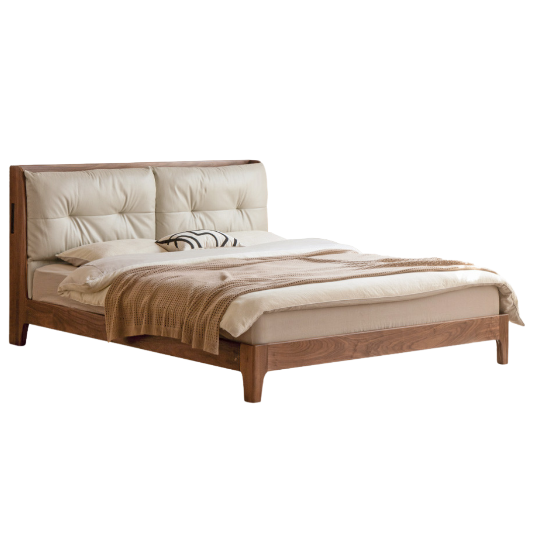 Black Walnut, Sandalwood Solid Wood Bed — Genuine Leather Upholstered, Simple Luxury Design