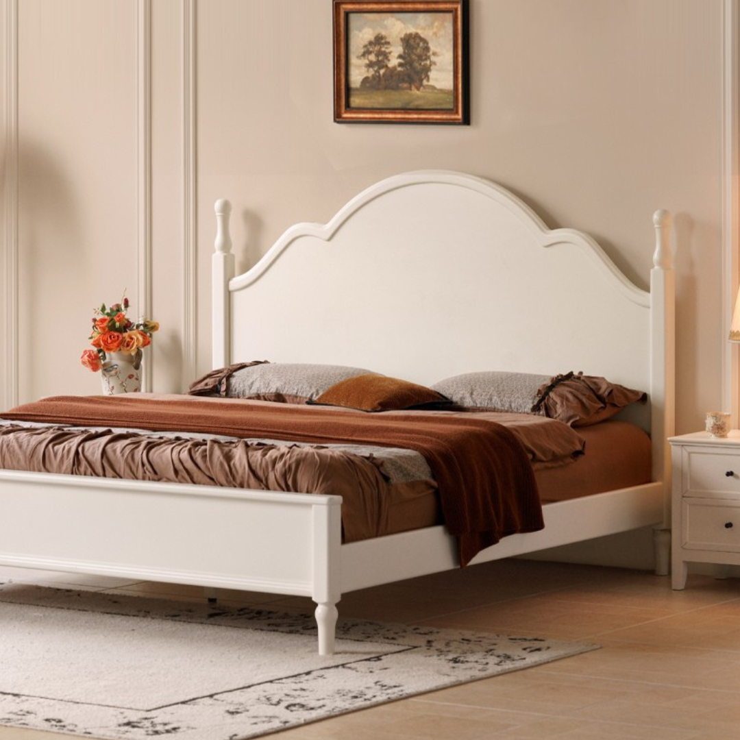 Rubberwood Solid Wood Bed American Retro Cream Style