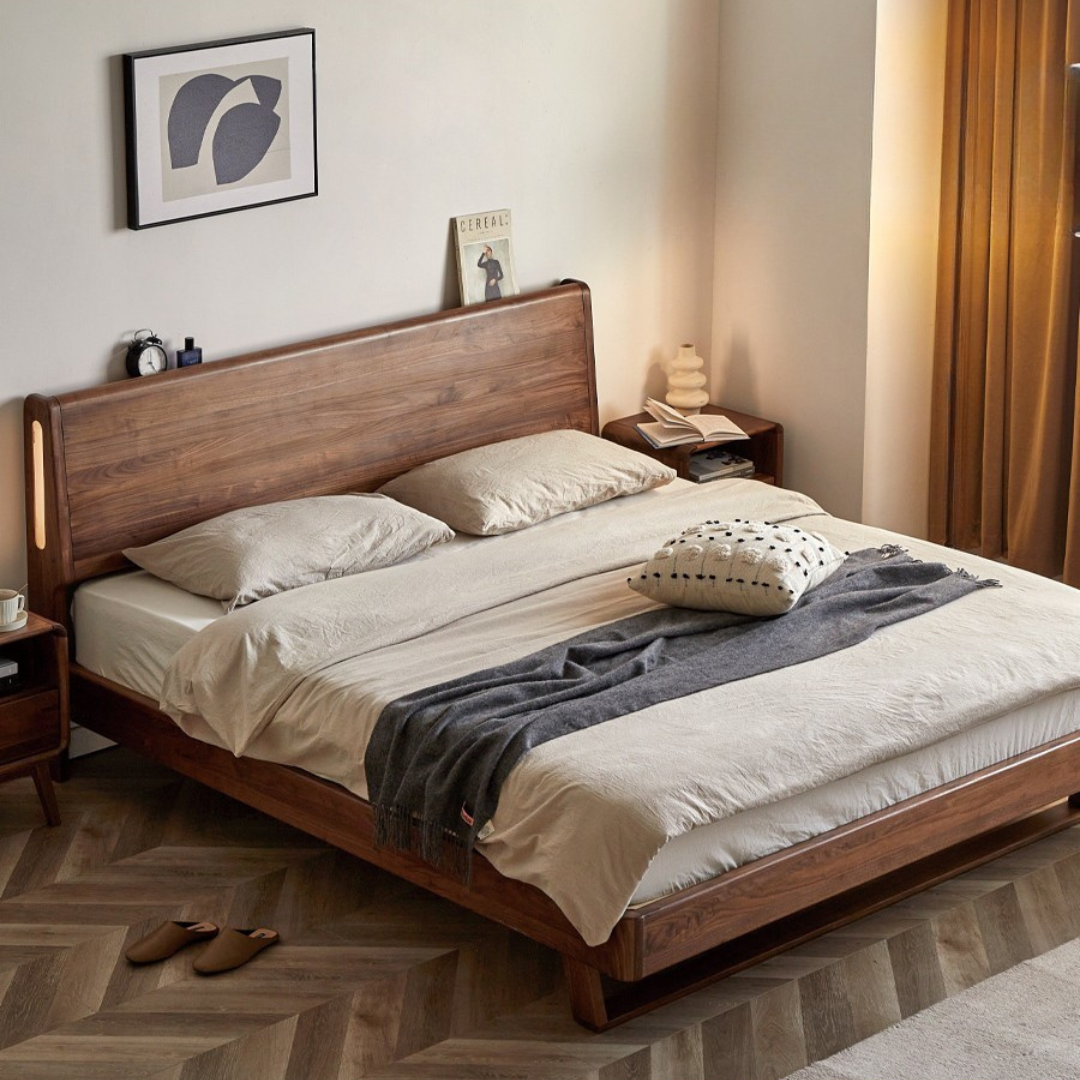 Black Walnut Solid Wood suspended bed with Ambient LED Headboard Lighting