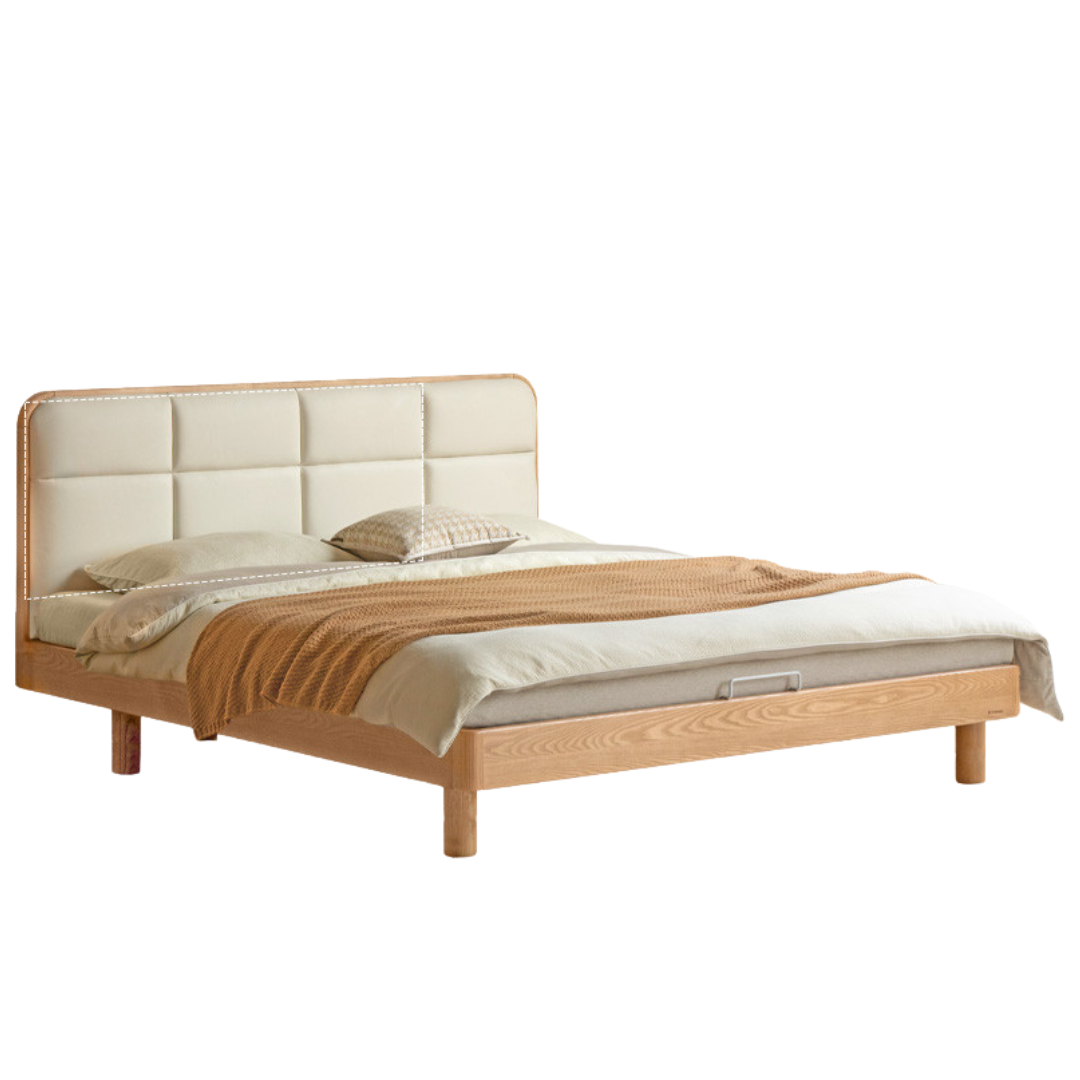 Ash Solid Wood Bed with Top Grain Cowhide Upholstery in Modern Minimalist Style