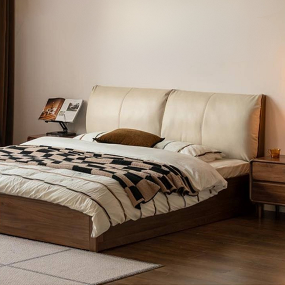 Black Walnut Solid Wood Box Bed — Luxury Genuine Leather Bed with Soft Backrest