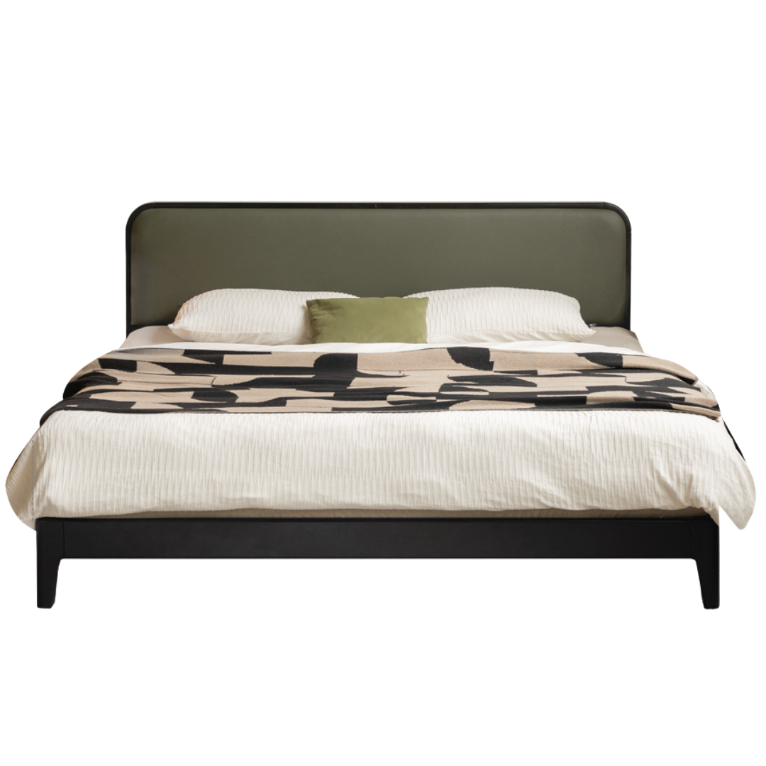 Rubberwood Solid Wood Bed — Modern Minimalist Black Design with Soft Headboard