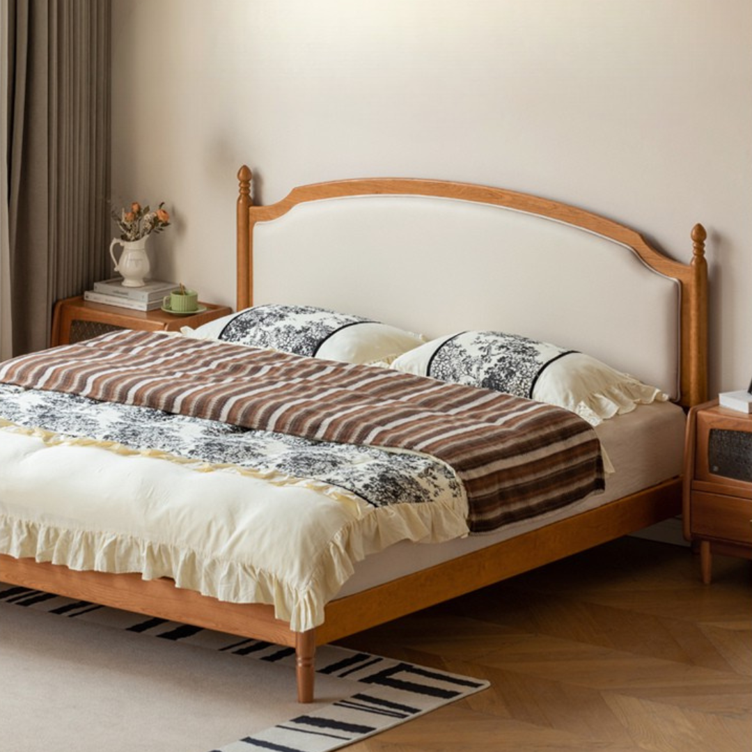 Cherry Solid Wood Soft Backrest Bed, French Retro Style