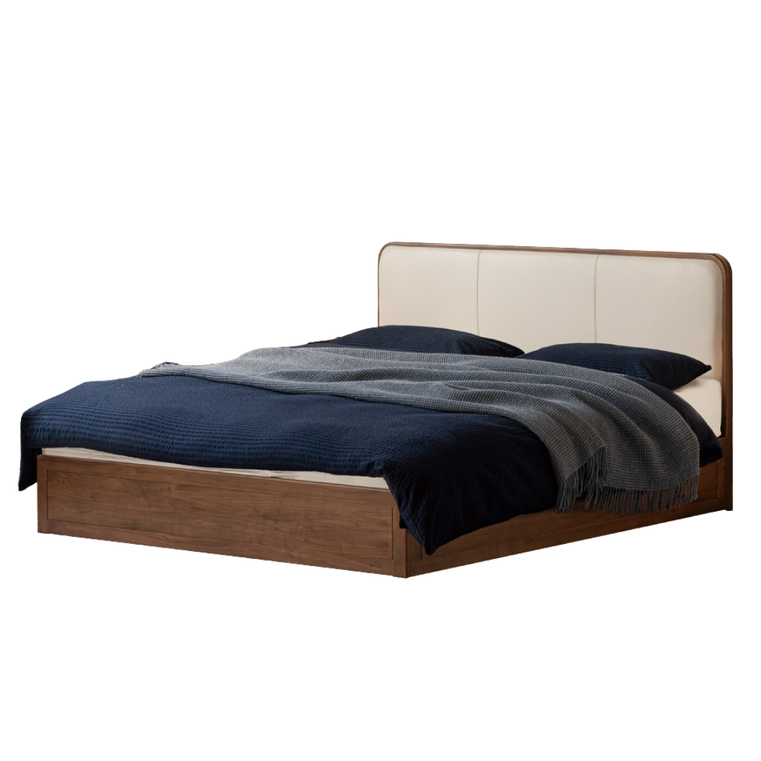 Black Walnut, Beech Solid Wood Retro Upholstered Large Bed