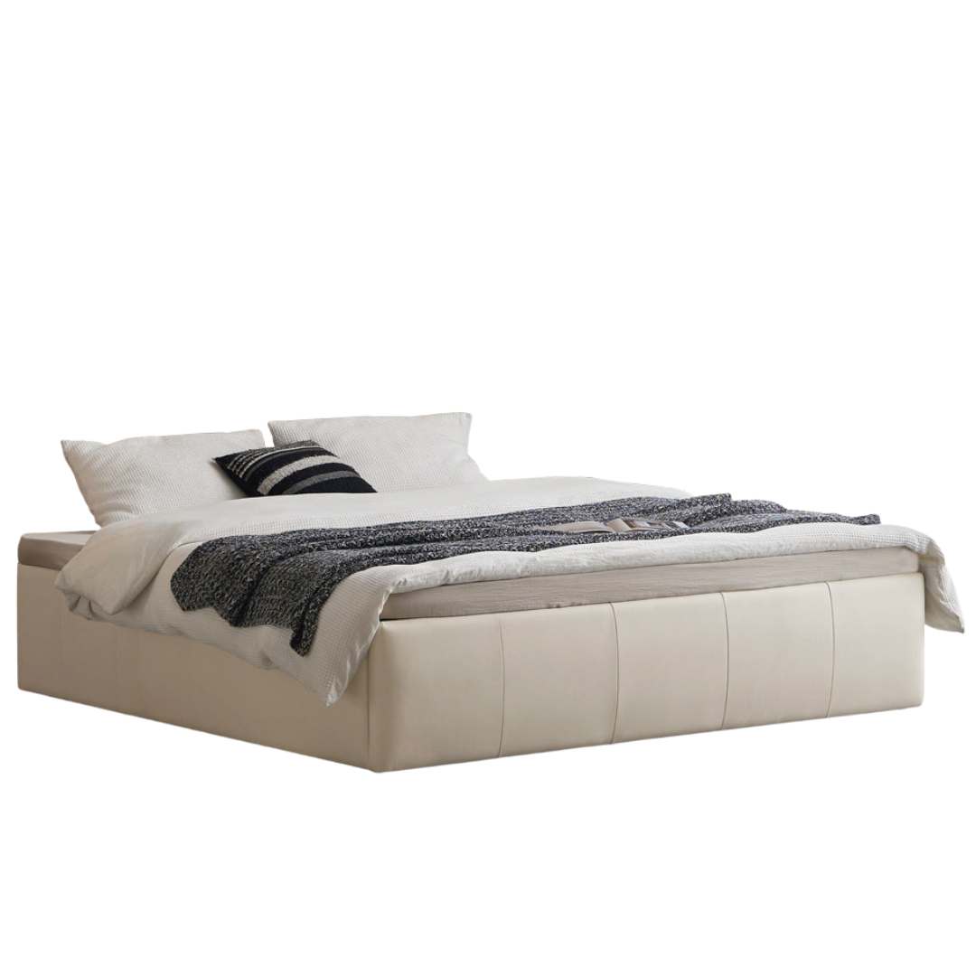 Genuine Leather Luxury Platform Box Bed, Headboard-Free Bed