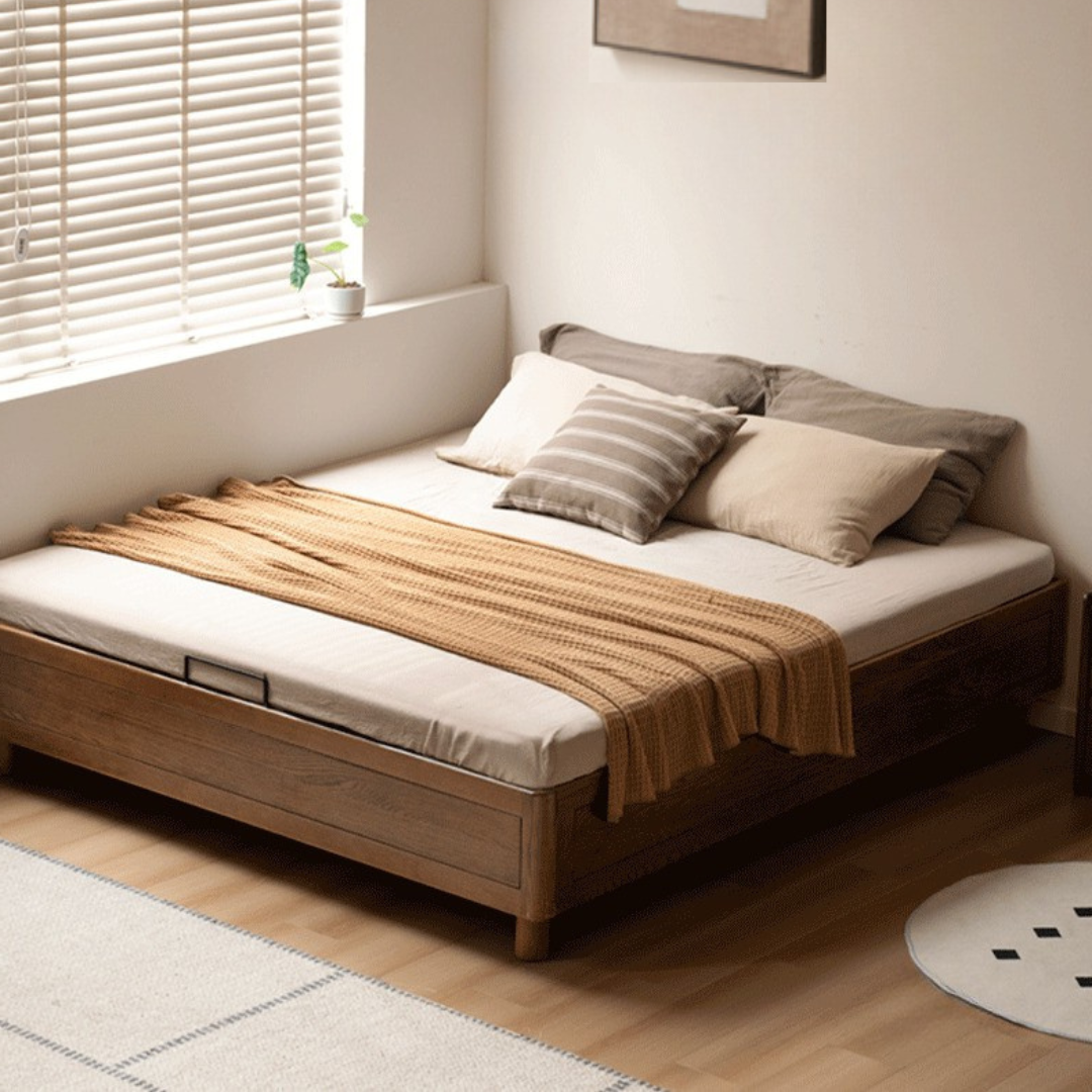Oak Solid Wood Modern Platform Bed, Headboard-Free Box Bed